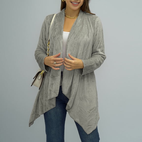 Lilgiuy Women'S Long Sleeve Loose Solid Color Lapel Plush Cardigan Coat Blouse Gray，10（XL） Winter Clothes for 2022