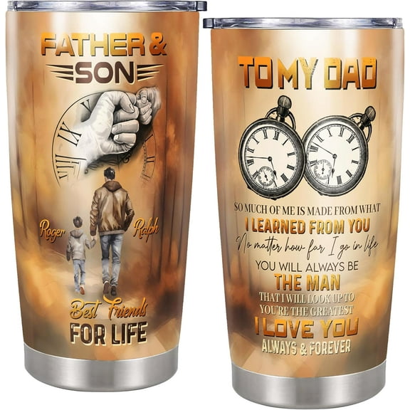 Personalized Father And Son Tumbler With Lid Gifts For Dad Daddy From Sons on Fathers Day Christmas Birthday Insulated Thermal Cup Travel Mug Coffee Thermos 20oz