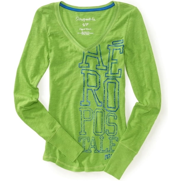 Aeropostale - Camiseta gráfica con purpurina para mujer, verde, pequeña