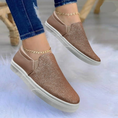 

ERTUTUYI Ladies Fashion Solid Color Leather Sequin Low Top Large Size Flat Casual Shoes Rose Gold 38