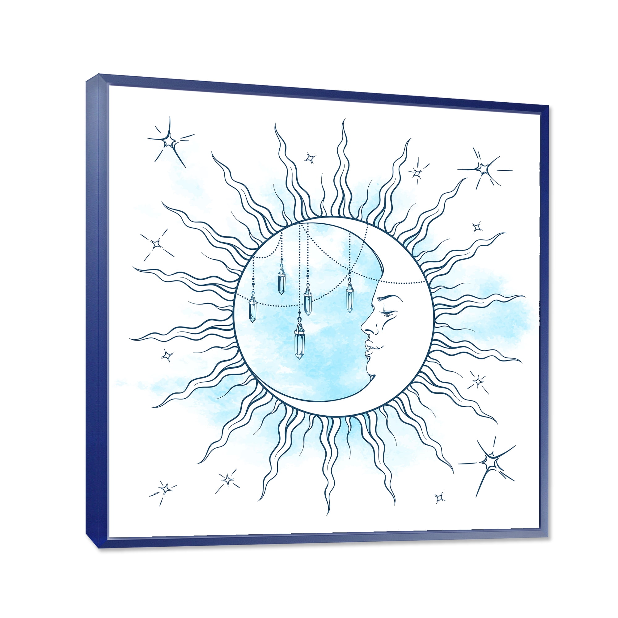Designart 'Blue Crescent Moon With Stars and Moonstone Pendants' Bohemian & Eclectic Framed Canvas Wall Art Print