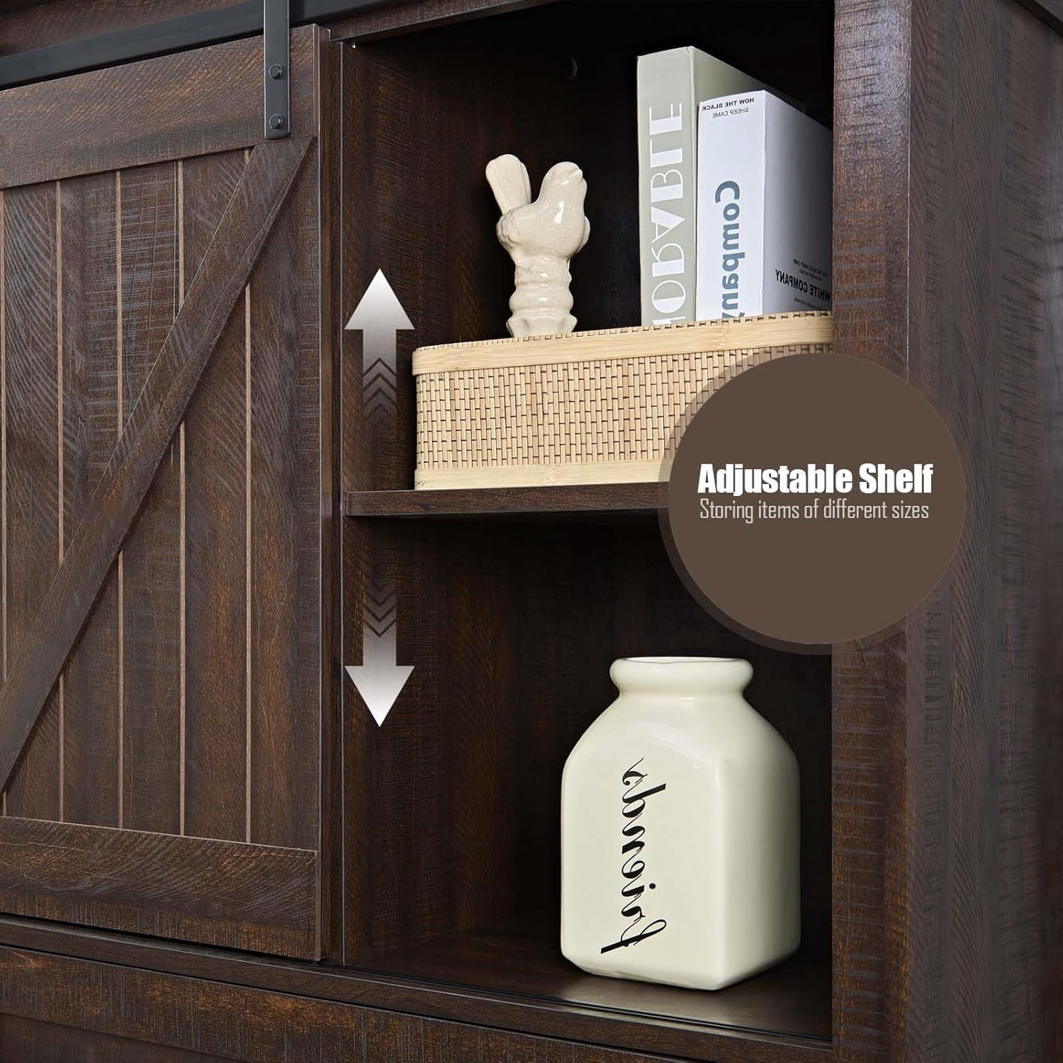 BOSHIRO 5-Drawer Sliding Barn Door Dresser, Espresso Brown Finish, Farmhouse Tall Chest for Bedroom and Living Room