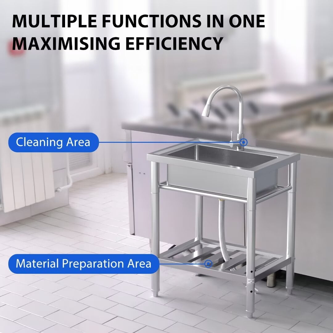 Kitchen Sink Utility Sink Commercial Stainless Steel Freestanding Sink w/Faucet, Hot & Cold Hoses, Single Bowl, NSF Certificated, for Restaurant, Laundry, Garage, Workshop Sink