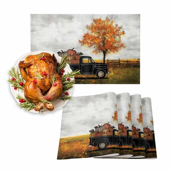 Fall Placemats Set of 6 Pumpkin Truck Place Mats Thanksgiving Placemat Autumn Maple Leaves Tree Table Mats for Dining Kitchen Table Holiday Dinner Party Home Fall Decorations 13x19 Inch