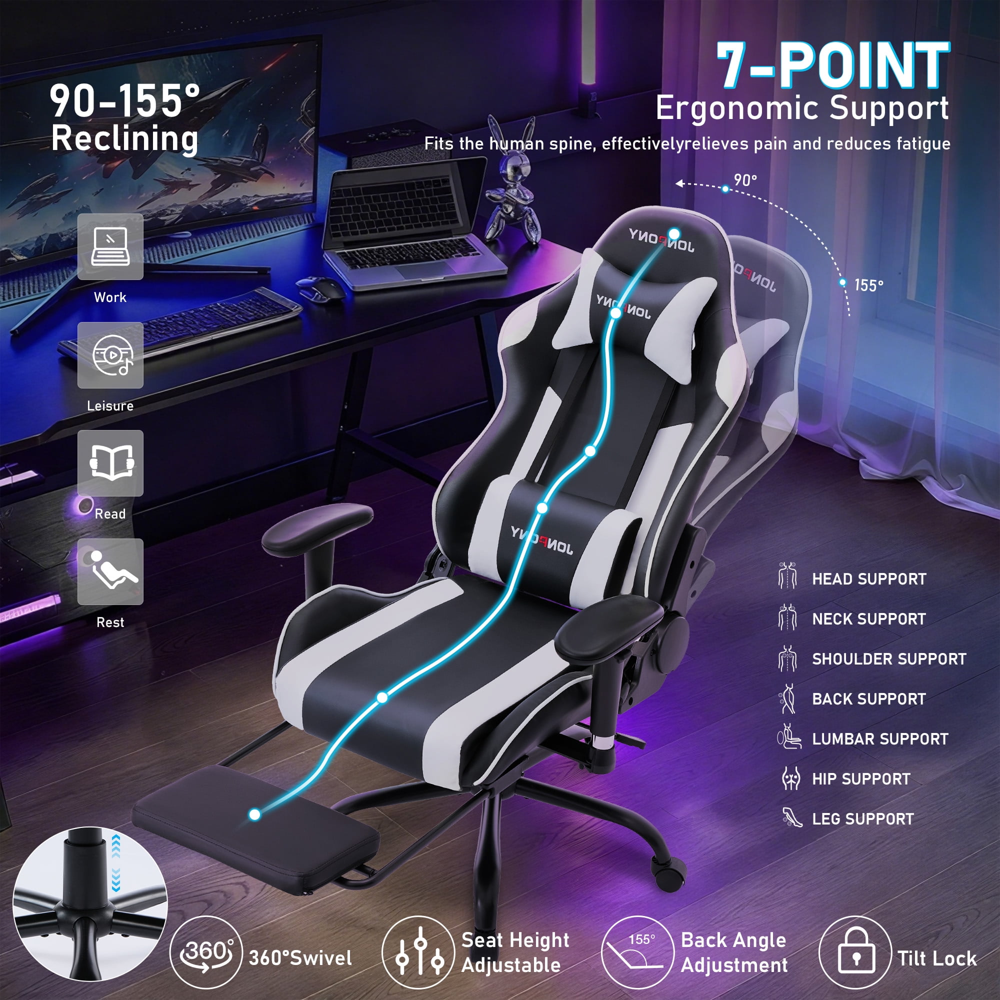 JONPONY Game Chair,Ergonomically Designed Computer Chair with headrest and 2D Armrests,with Footrest and Lumbar Support,High Back Office Chair Support 8 Hours Long Sitting,Computer Chair,WHITE