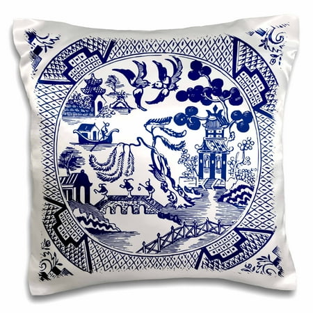 English Blue Willow - 3dRose Willow Pattern Detail in Blue and White - Pillow Case, 16 by 16-inch