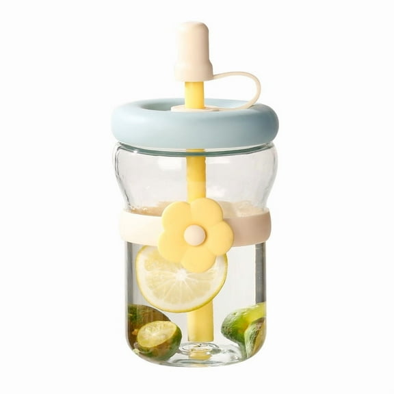 Glass Water Bottles with Straw, Fruit Infuser Bottles, Tumbler with Lid and Straw,Leak-Proof,Drinking Jars,Coffee Cup 500ml (blue)