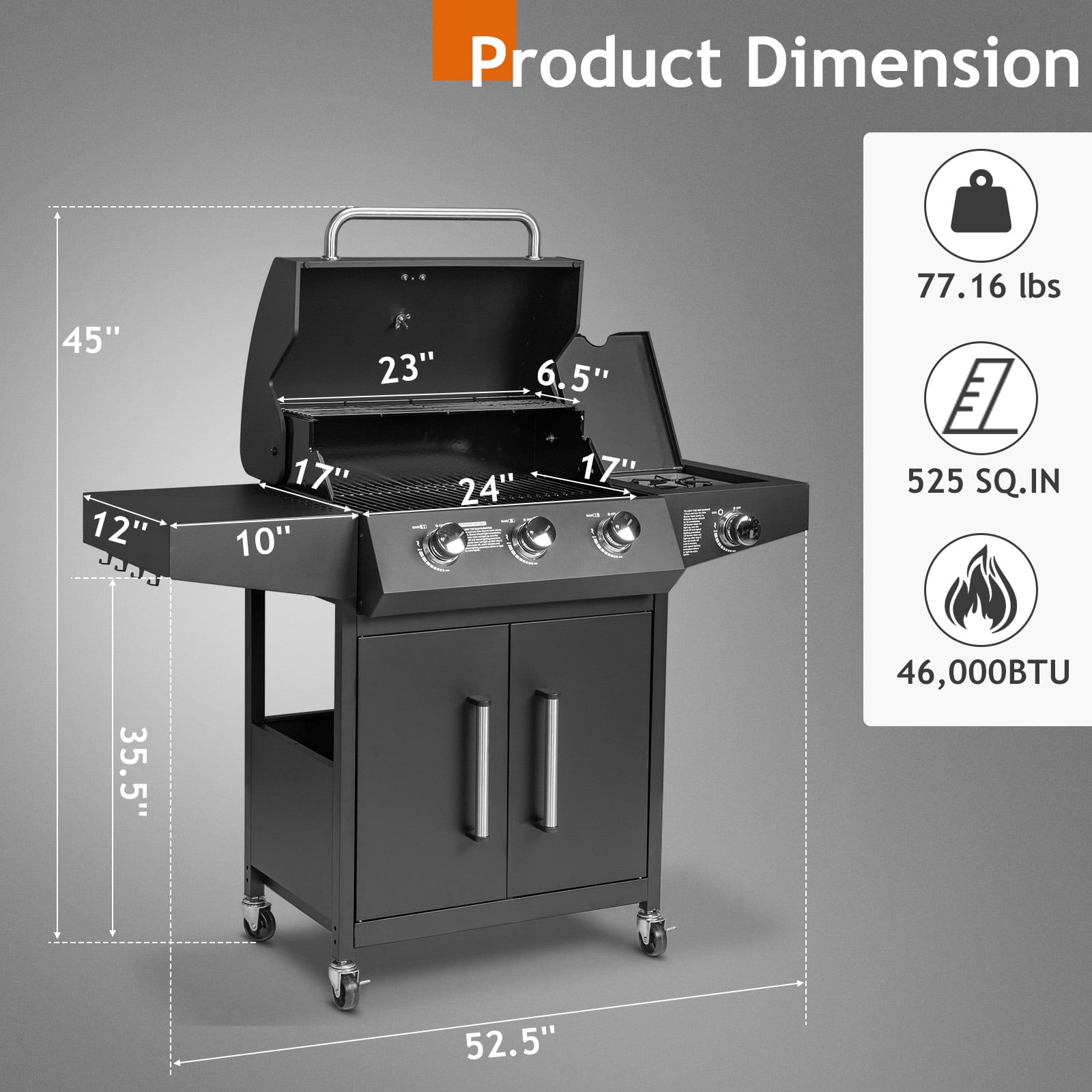 UBesGoo 3 Burner Propane Gas Grill with Side Burner 46000BTU for Camping Cooking BBQ