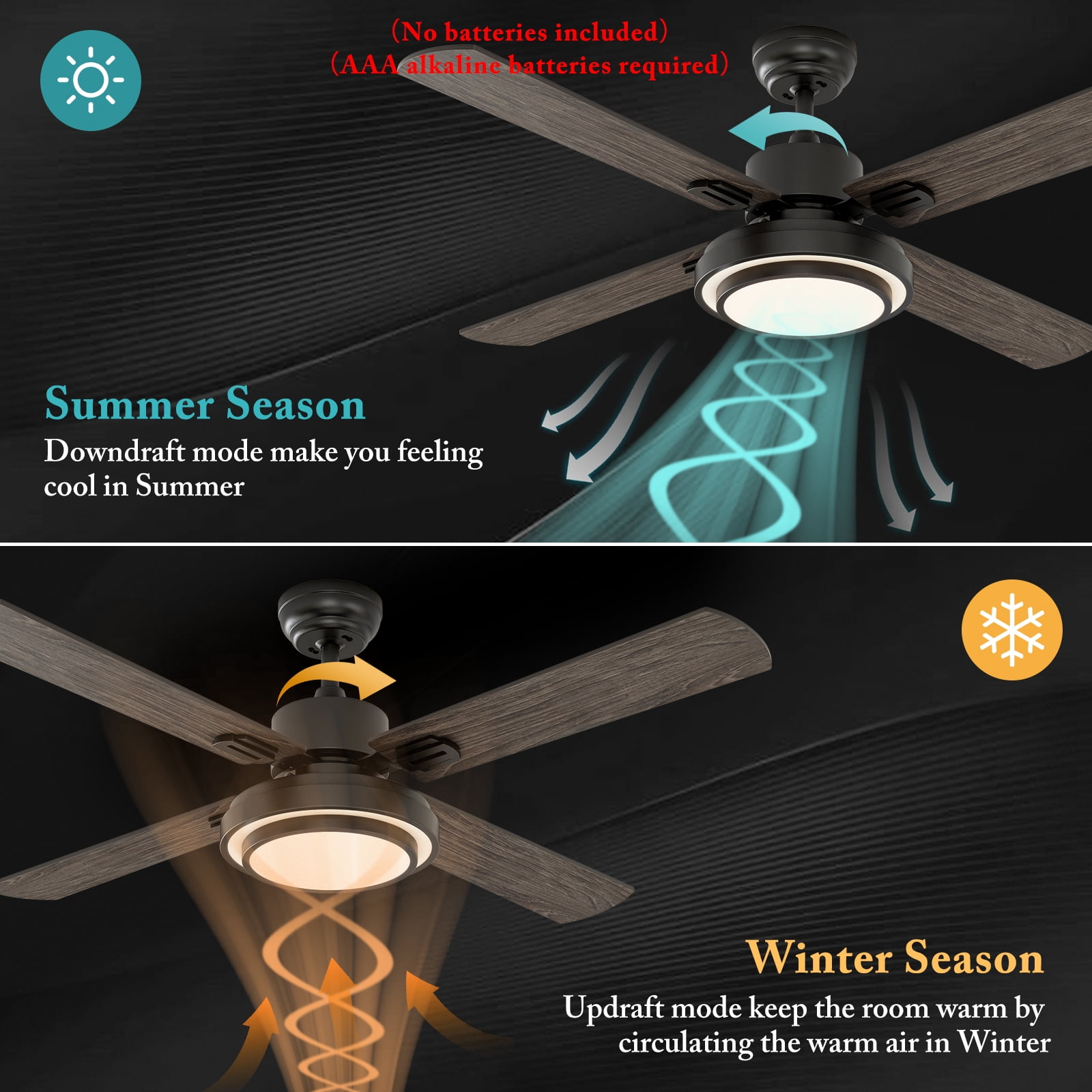Warmiplanet 52" Modern Ceiling Fan with Light & Remote, Black, Dual-Color Blades , 3 Speeds, 3-Color Light, Reversible, Timer