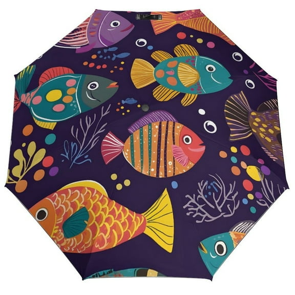 Colorful Fishes Umbrella for Rain - Portable, Double Layer Automatic Folding Umbrella UV Protection for Rain Car Travel Outdoor Men Women