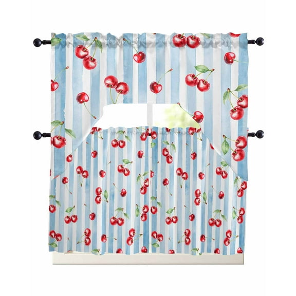 Cherry Farmhouse Kitchen Curtains Sets 36 Inch Length with Valance, Spring Summer Fruit Blue Striped Swag Valances and Tiers Curtain Set Drapes Swag Curtains for Living Room, Bathroom, Bedroom, Cafe
