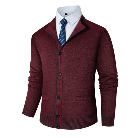 Mens Sweater Cardigan Stand Collar Slim Fit Cable Knit Button up Casual Cardigans Sweaters with Pockets (XL, Red)