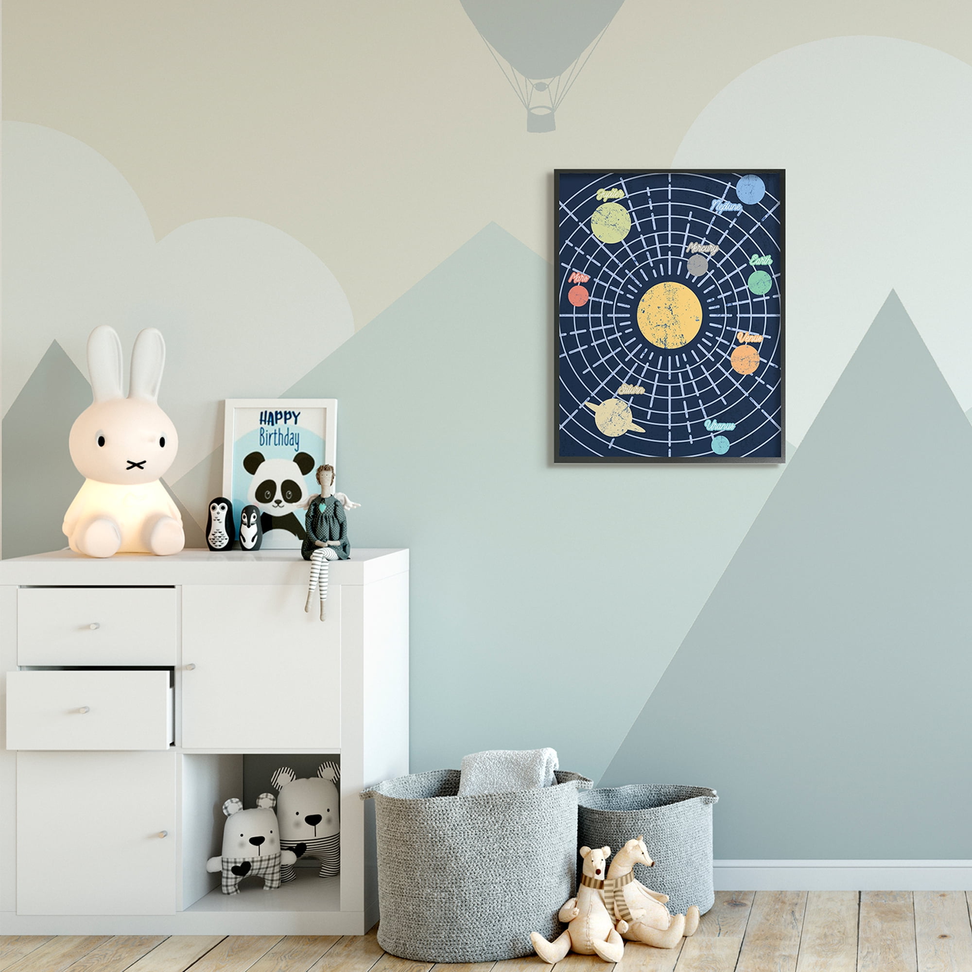 Stupell Industries Retro Solar System Chart Milky Way Planets Art for Kids Painting Black Framed Art Print Wall Art, 24 x 30
