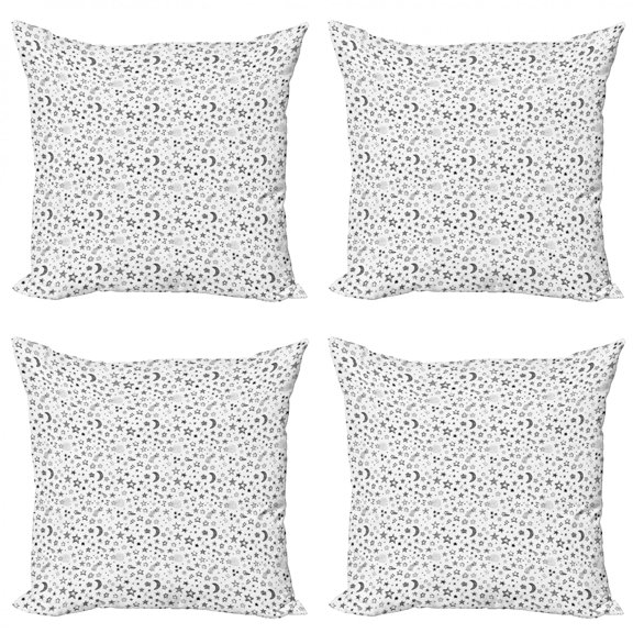Ambesonne Cartoon Throw Pillow Cover 4 Pack, Stars and Crescent Moon, 16", Black White