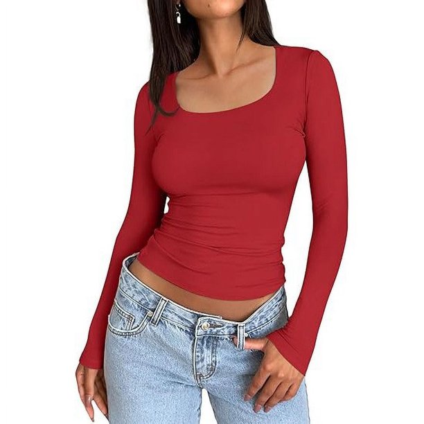 Top corto ajustado de manga larga para mujer: camiseta ajustada con cuello redondo, poliéster y spandex, diseño básico liso para hacer ejercicio, yoga y estilo informal.