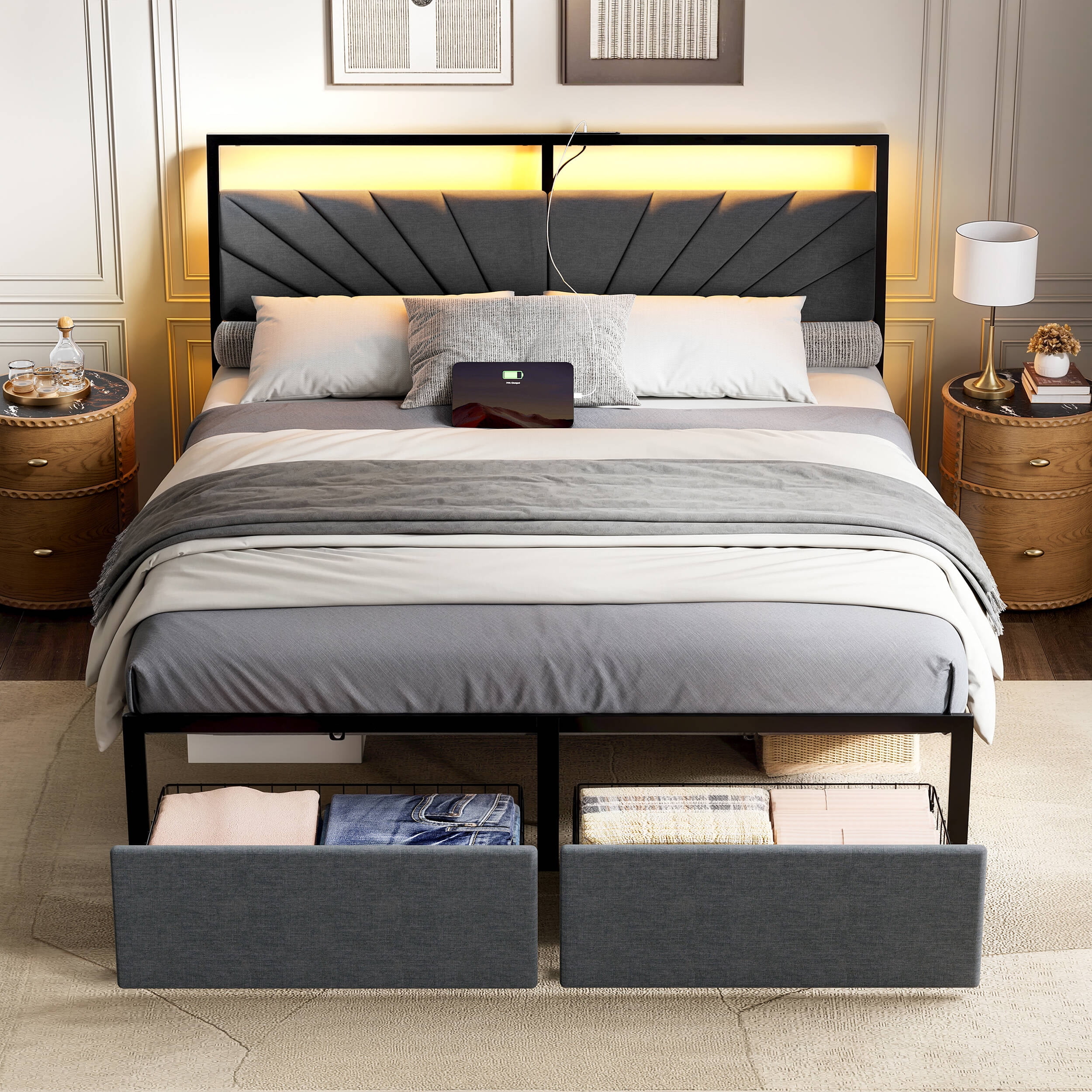 GUNAITO Full Bed Frame with Storage Drawers, Platform Bed with Ergonomic Tilted Upholstered Headboard , Metal Bed with Charging Station and LED, Dark Gray