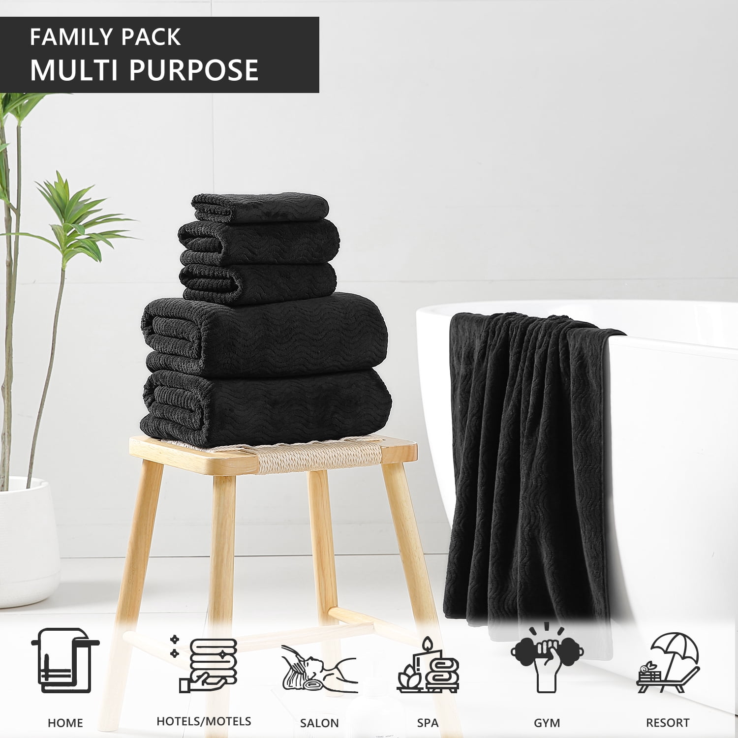 Covina Home 8 Pcs Bath Towel Set Black Microfiber Bathroom Towel Set Ultra Soft Plush Oversized Towels Adult Luxury Bath Sheet