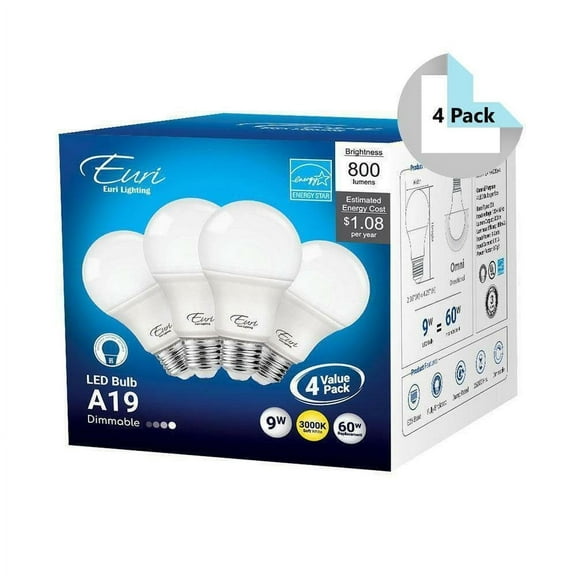 EA19-6000e-4 4 Pack  Dimmable LED Light Bulbs with E26 Base - 3000K, 9W=60W