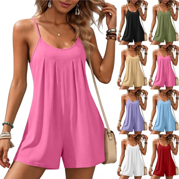 Bloomae Rompers for Women Summer Sleeveless Shorts Casual Spaghetti Strap Ruched Pleated Tunic Jumpsuits with Pockets Beach Vacation Outfits Light Blue M