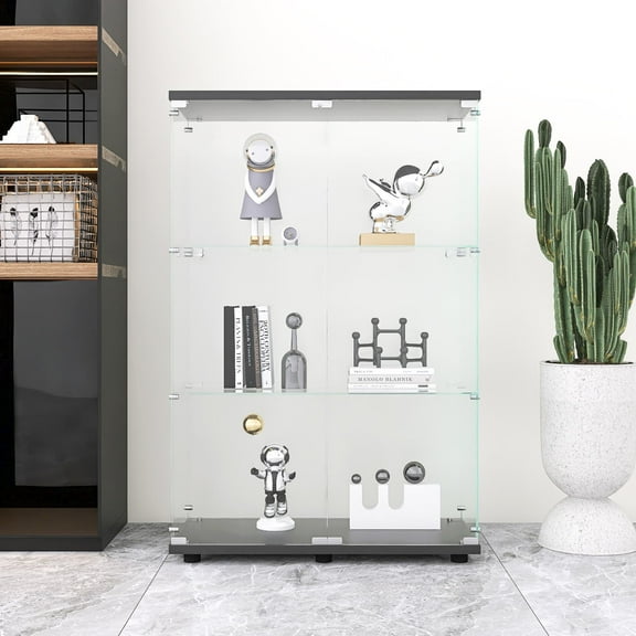 MAYEERTY Glass Display Cabinet 3 Shelves with Two-Door, Floor Standing Glass Bookshelf, 49.3"×31.7"×14.3",Black