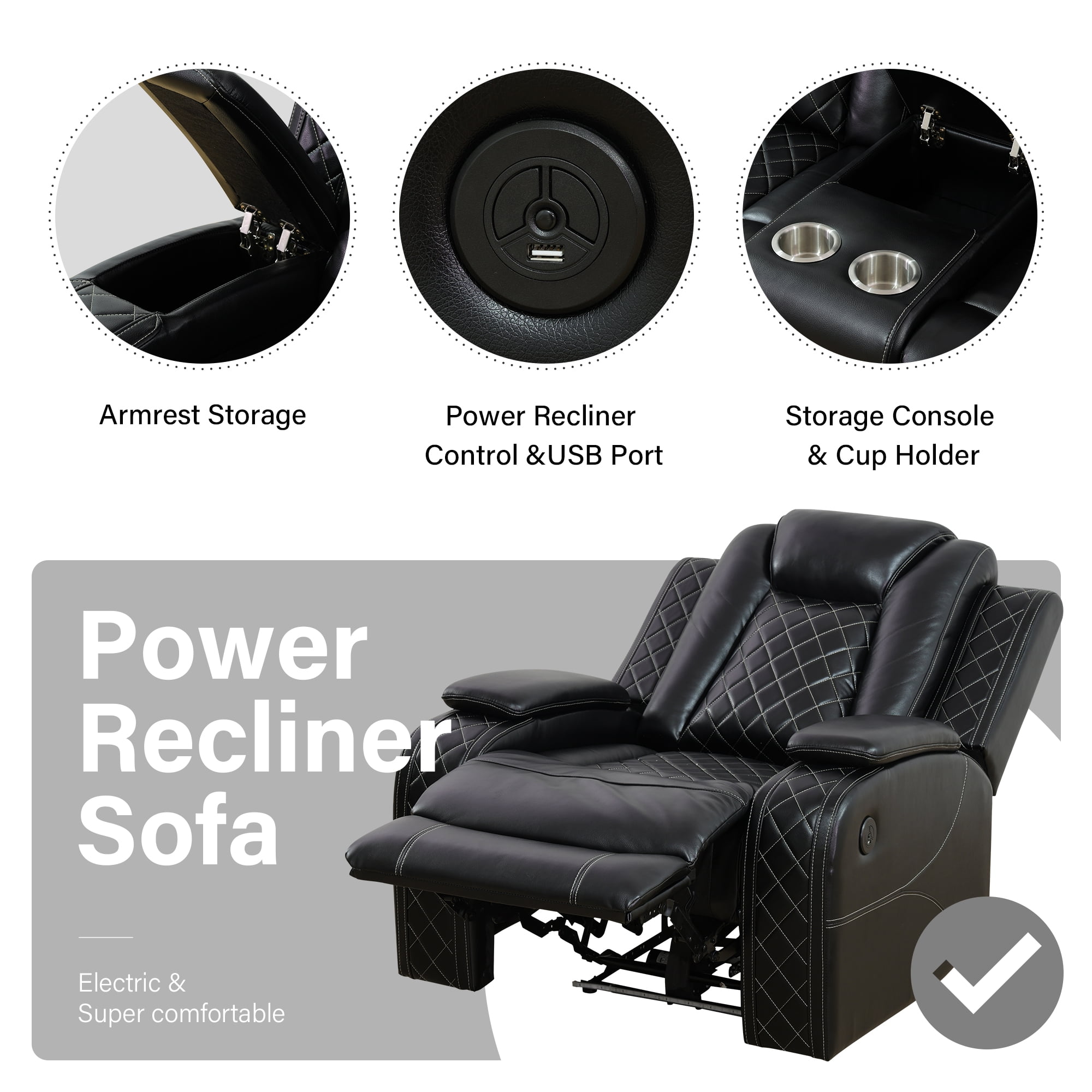 Aukfa Power Recliner Sofa Chair W/ Storage and USB for Living Room,Leather, Black