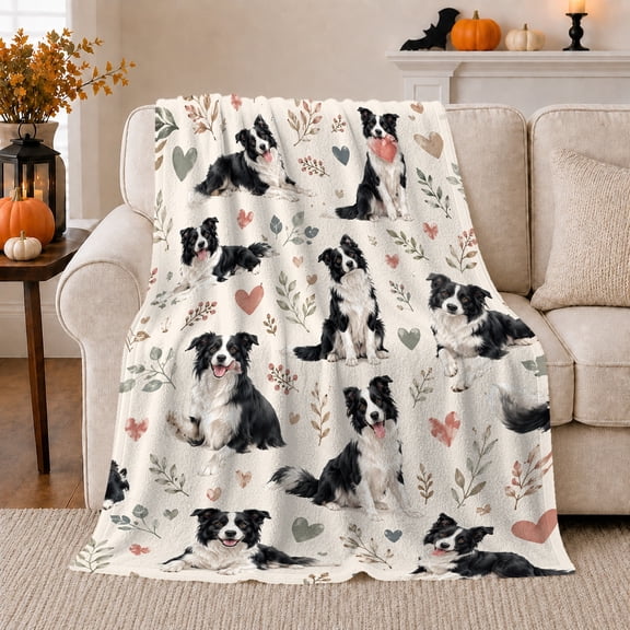 Border Collie Hearts Sage Sprigs Creamy White, Cozy Pet Portrait Pattern, Warm Flannel Blanket for Living Room and Reading Nook, Dog Lovers Thanksgiving Gift, Pet Lover Home Decor
