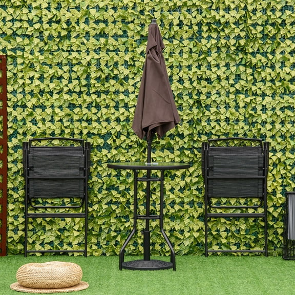 Patio Furniture Sets Outsunny 4 Piece Outdoor Patio Dining Furniture Set, 2 Folding Chairs, Adjustable Angle Umbrella, Wave Textured Tempered Glass Dinner Table, Black,Outdoor Dining Sets