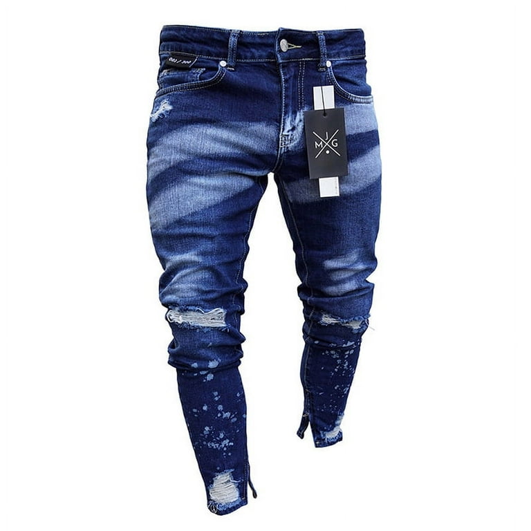 Men Denim Pants Fit Slim Casual Stylish Destroyed Ripped Skinny Jeans  Trousers