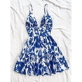 thumbnail image 2 of Blue And White Floral Print Spaghetti Strap Open Back Cinched Waist A-Line Mini Dress, 2 of 5