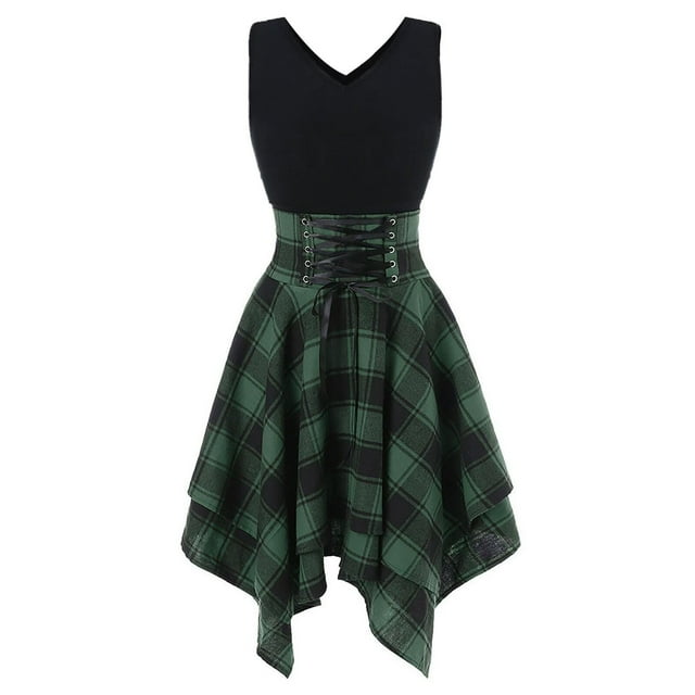 QIPOPIQ Robes pour Femmes Robe Smockée à Étages Manches Courtes Tendance à Lacets Ourlet Irrégulier Robe Midi d'Été Robe à Carreaux à Coutures Offres 2023