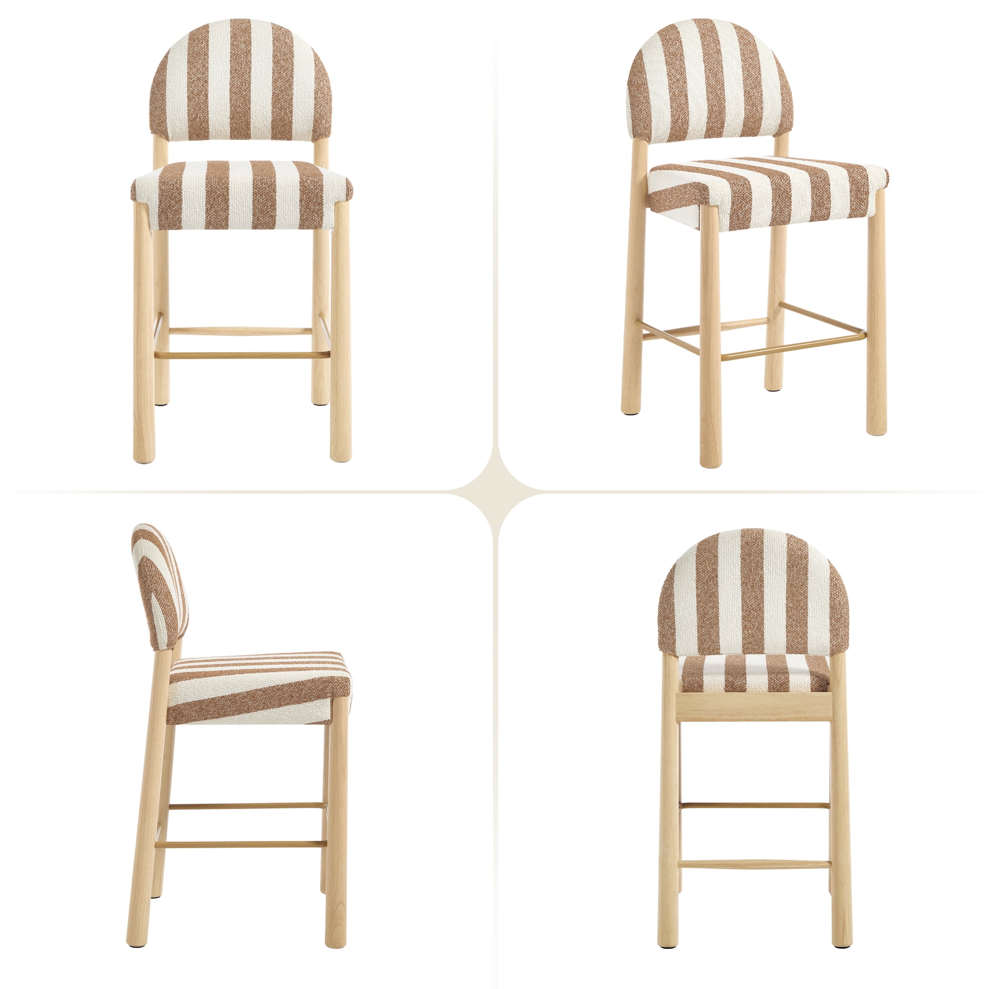 ONEVOG 26.4'' Counter Height Wooden Bar Stools Set of 2, Upholstered Linen Fabric Bar Stools with Arched Back & Solid Wood Legs, BOHO Linen Counter Chairs for Kitchen Island, White & Brown Stripes