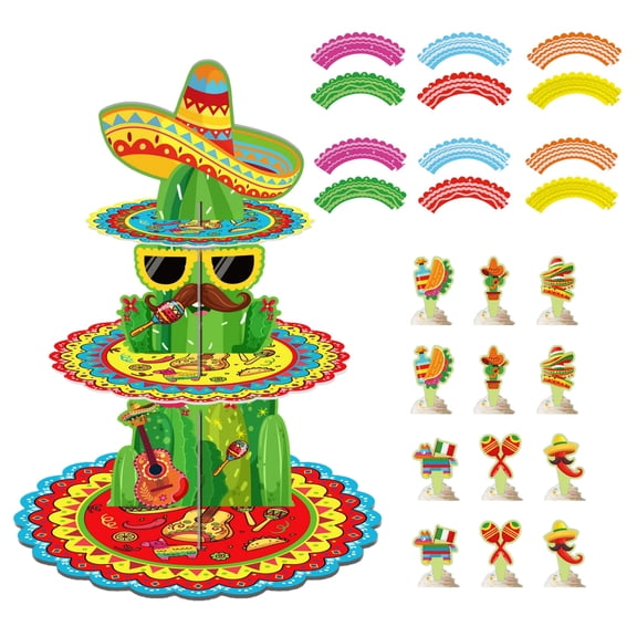 Mexican Party Supplies, 3 Tier Mexican Fiesta Cake Stand with 12 Cupcake Wrappers & 12 Carnival Cupcake Toppers, for Cinco De Mayo Party