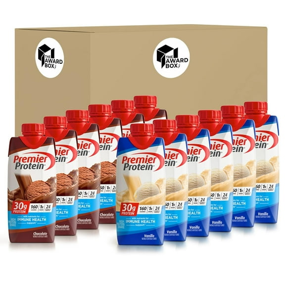 Premier Protein High Protein Shake, Chocolate and Vanilla Variety pack, 11 Fl oz. 6 of each flavor 12 Pack in The Award Box