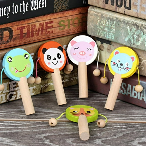 Dsseng Hochet Tambour Musical Mini Portatif en Bois de Style Dessin Animé, Jouet Éducatif pour Bébé