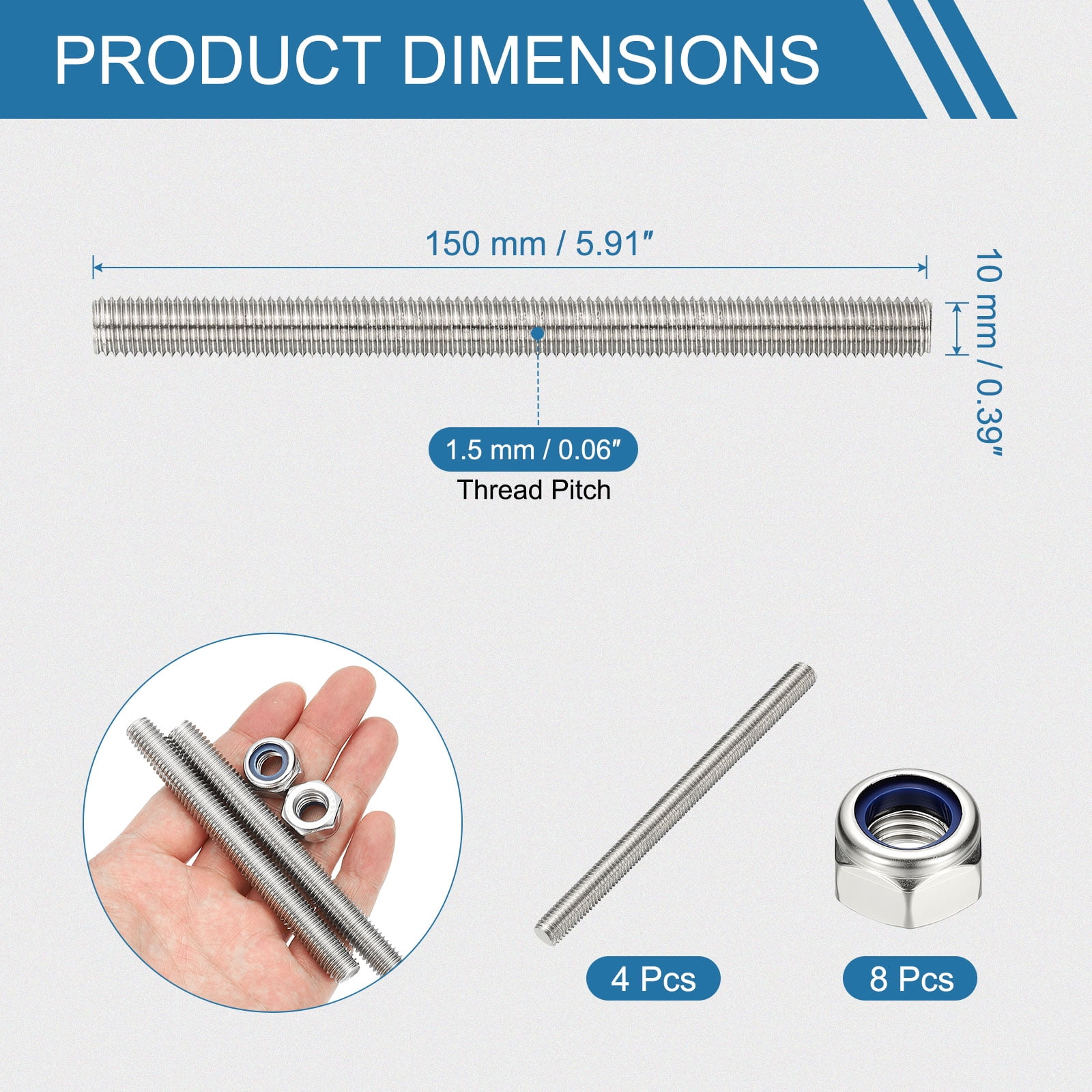 Uxcell Fully Threaded Rod, M10 x 150mm 304 Stainless Steel Right Hand Thread Bar Studs with Nuts, 4 Pcs