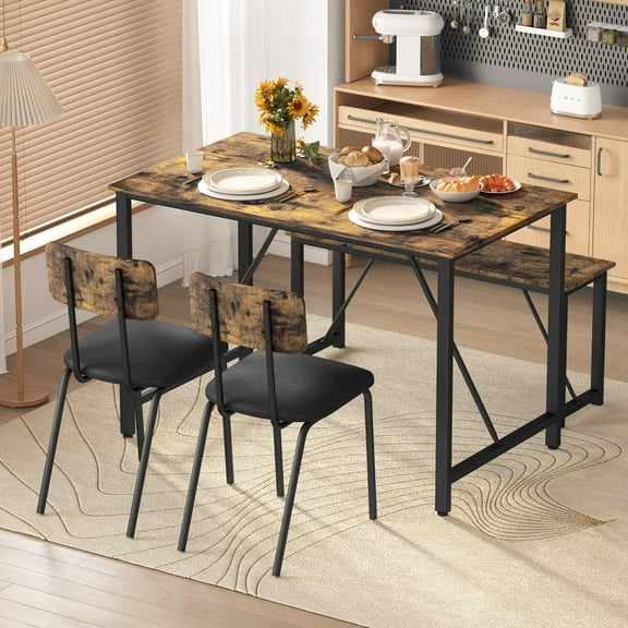 Dining Table Set, 4 Piece Dining Room Table Set for Small Spaces, Kitchen Table with 2 PU Leather Upholstered Chairs and a Long Bench, Space-Saving Table Set for Kitchen, Dining Room, Restaurant