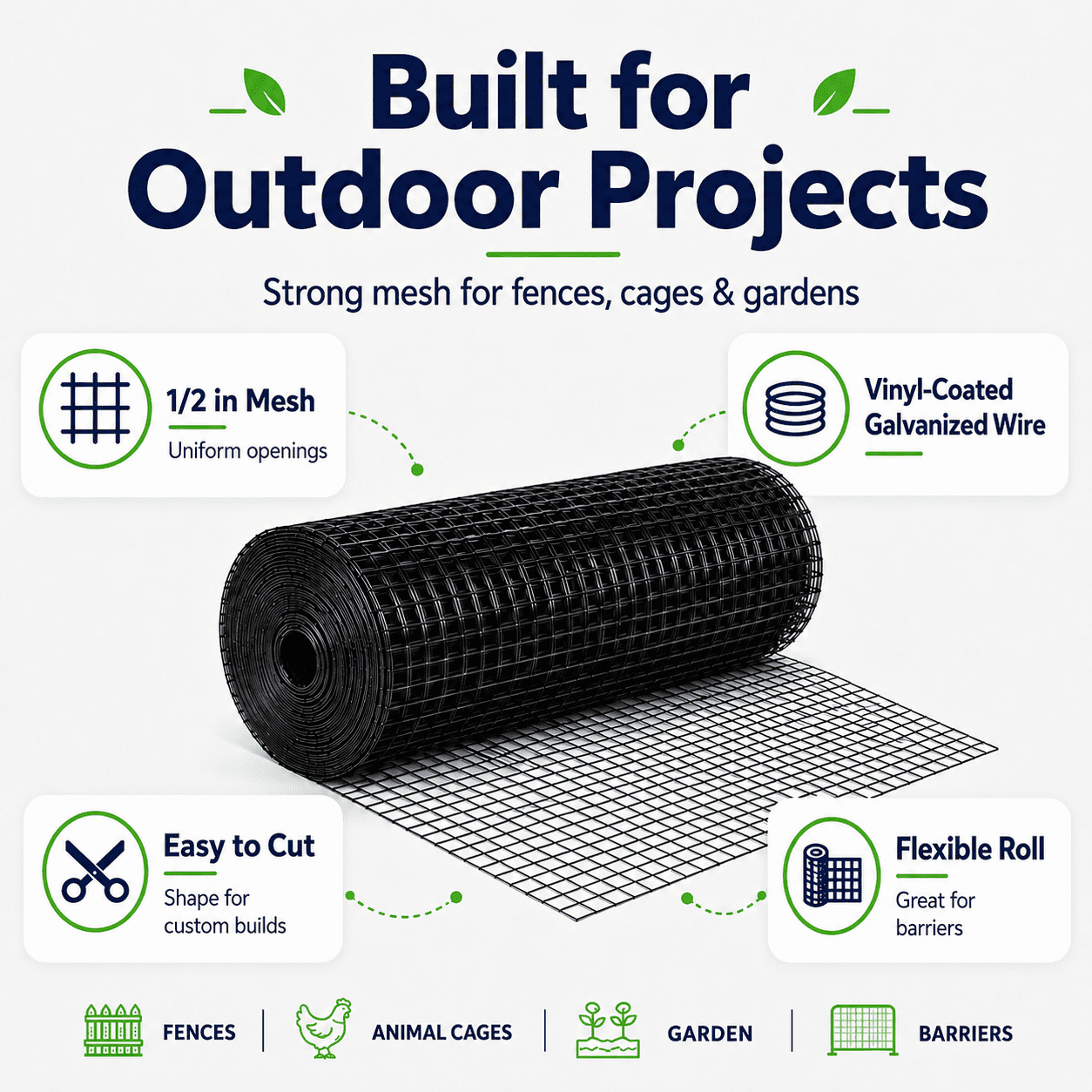 Yeslife 48 in. x 100 ft Hardware Cloth, 1/2 in. Mesh, Black Vinyl-Coated Galvanized Steel Wire Fence Roll, Welded Wire Mesh for Chicken Coops, Rabbit Cages, Gardens, and Small Animal Fencing
