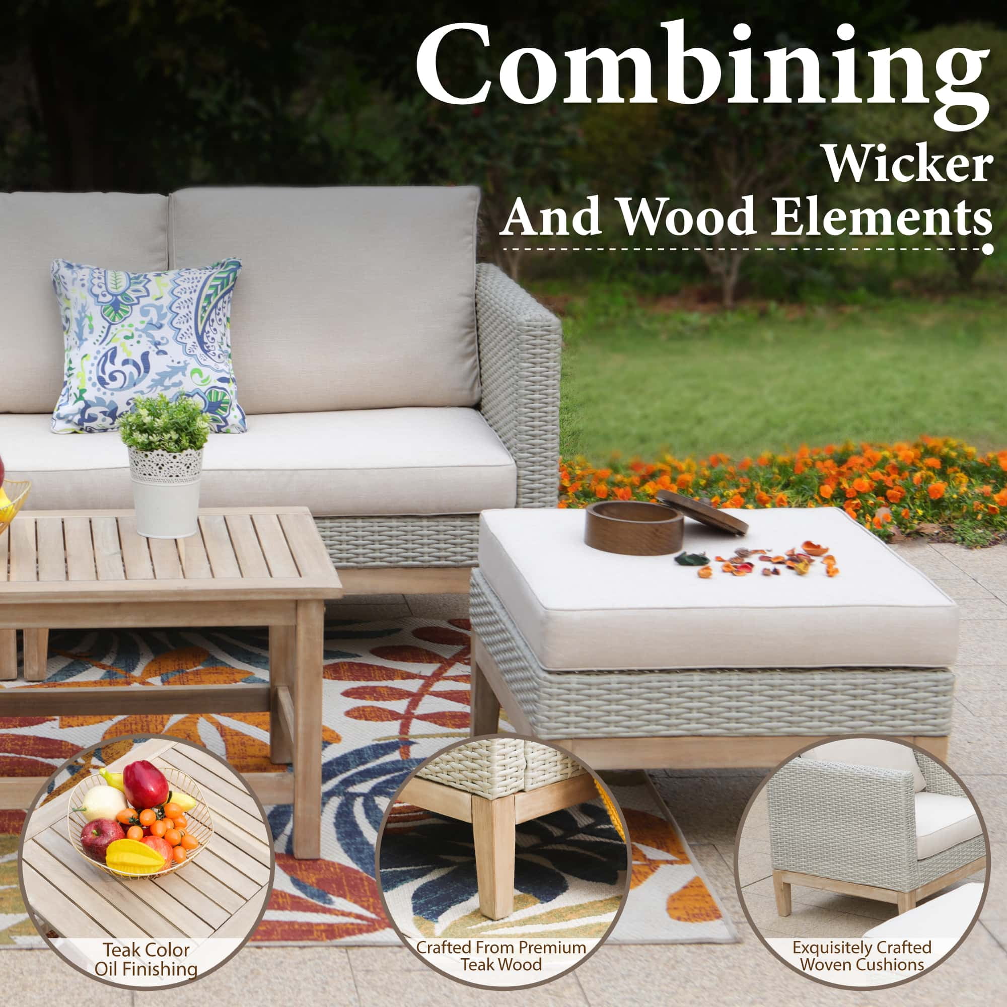MF Studio 5 Pieces Outdoor Patio Conversation Set Wicker Furniture Sectional Sofa Set with Solid Acacia Wood Frame Beige