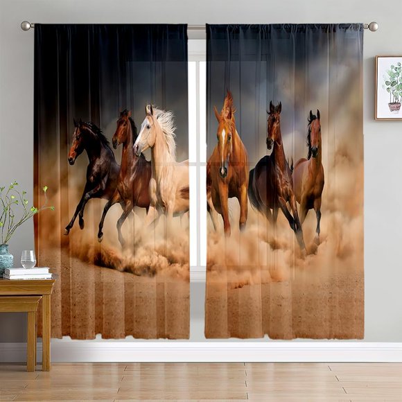 AIR-Galloping Black White Horses Wild Animal Light-Filtering Window Curtains,Horse Herd Run at Horse Farm Background Pattern Window Drapes for Living Room Bedroom, 52" × 84", Set of 2 Panels