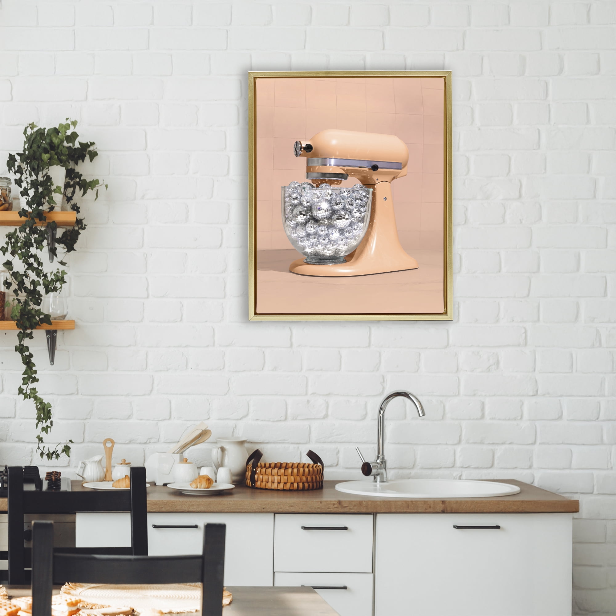 Stupell Industries Disco Kitchen Mixer over Orange Gold Framed Floater Canvas Wall Art, design by LISH Creative