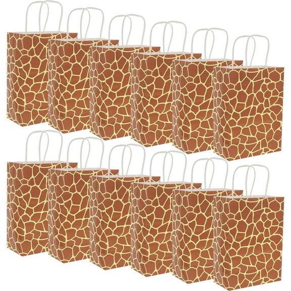 ELAYARD 12Pcs Animal Print Brown Paper Favor Bags Durable Handles for Birthday Party Decoration