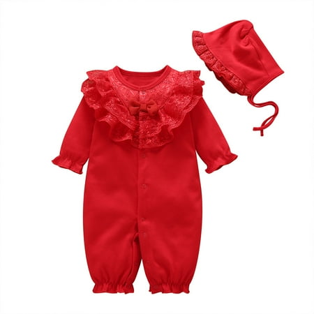 

Baby Girls Solid Ruffles Lace Romper Jumpsuit+Hat Outfits Sets