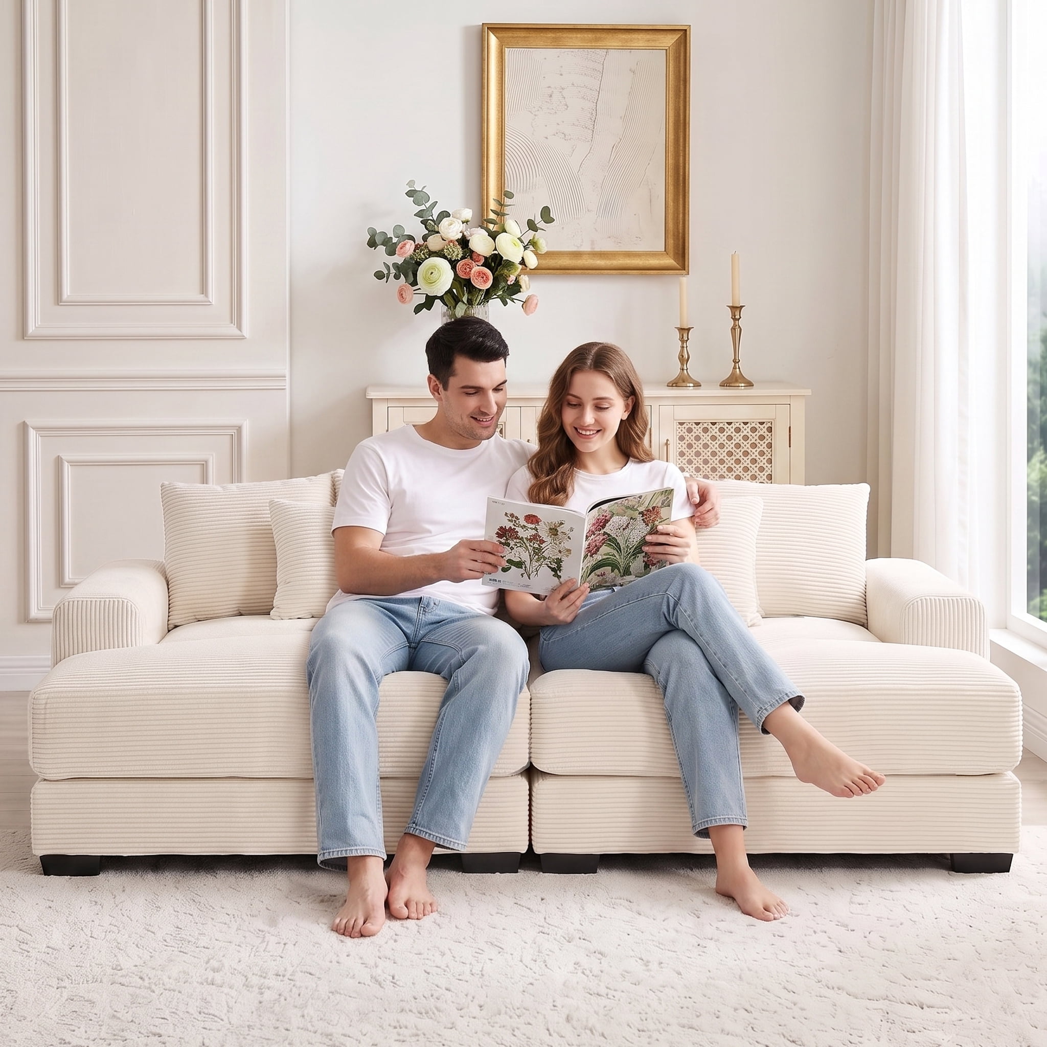 Anpport 92" Oversized Cloud Modular 2-Seater Beige Corduroy 2-Seater, Washable Removable Covers, Double-Layer Thick Cushions, Wide Armrest Small Apartment Sofa