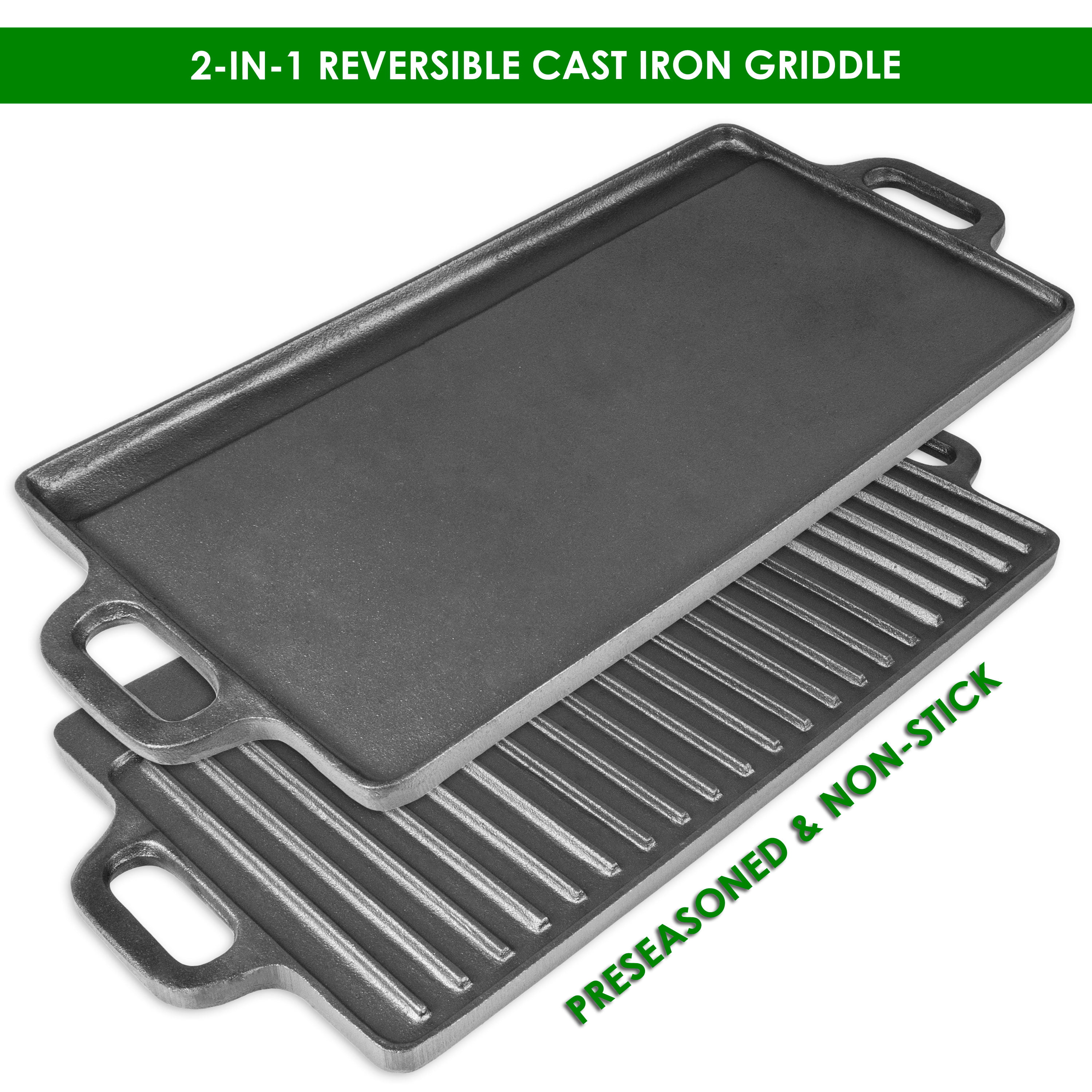 LARGE Reversible Cast Iron Grill Griddle Pan Hamburger Steak Stove Top Fry BBQ