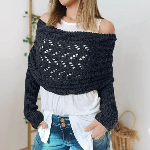 Women's Fashion Casual Autumn Winter Outdoor Solid Color Wool Hollow Lengthening Double Sleeve Shawl Scarf Scarf with Sleeve Sweater Scarf