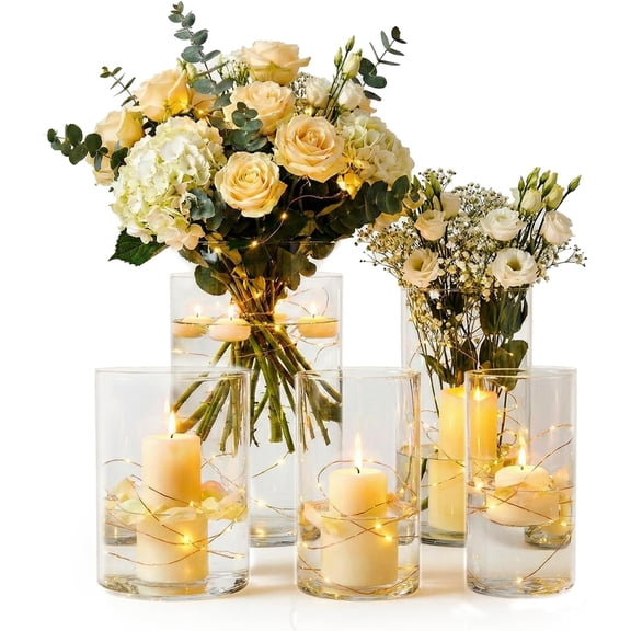 5 count Glass Cylinder Vases for Centerpieces 4,5 Inch Clear Flower Vases for Wedding Decorations and Indoor Decor, Hurricane Candle Holder for Table Shelf, Party
