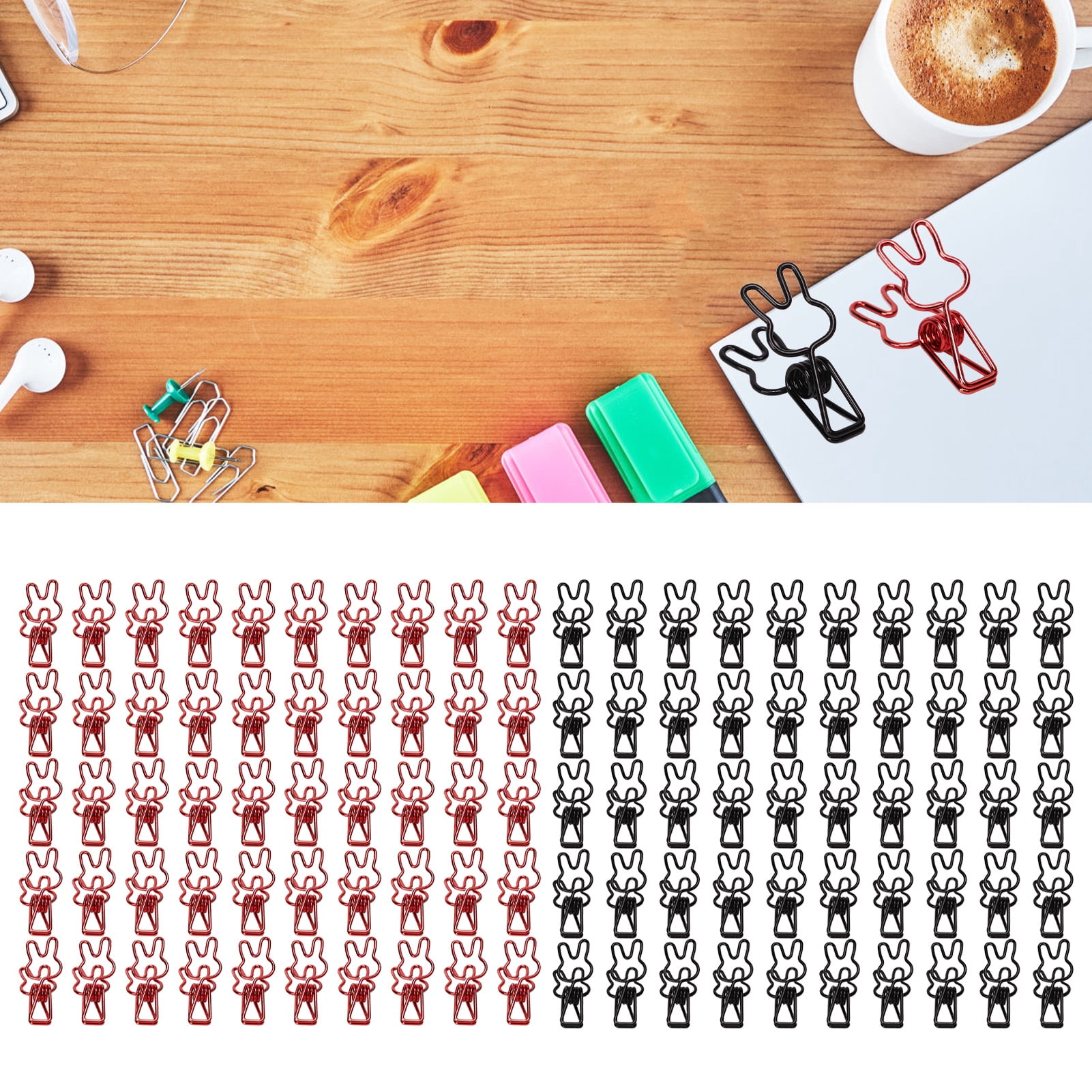 Riousery 100Pcs Bunny Binder Clips Hollow Out Strong Metal Multi Purpose Small Paper Clips for Bags Clothes Documents, Black and Red