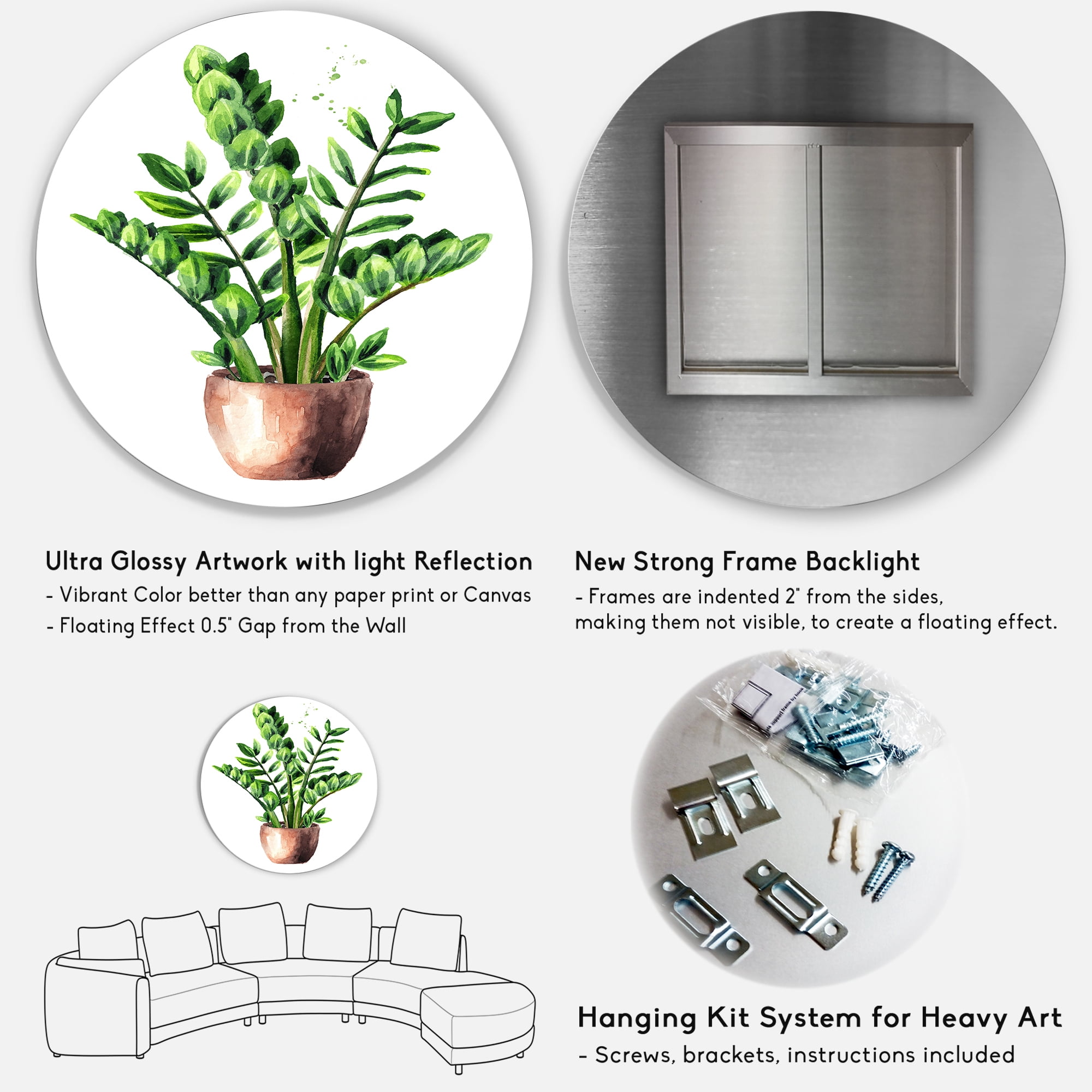 Designart 'Zamioculcas Tropical Plant With Green Leaves On White' Traditional Circle Metal Wall Art 11x11 - Disc of 11