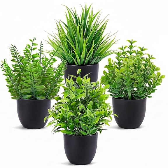 Behome 4 Pack Fake Plants, Mini Artificial Plants Indoor for Shelf, Mini Artificial Greenery Potted Plants for Home Decor, Green
