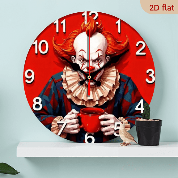 A 10-inch 2D flat "Scary Clown" theme wooden silent round wall clock, suitable for decorating homes/offices. It is an excellent gift choice for Christmas and New Year.